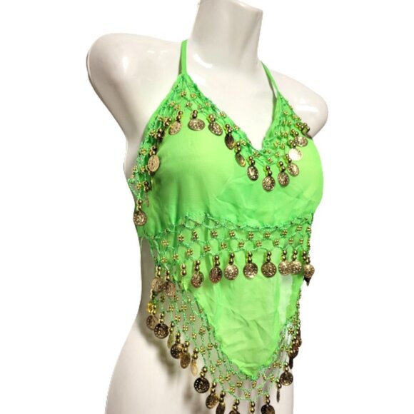 Green Belly Dancing Top Crocheted with Gold Beads Coins Halter Crop Top - Picture 2 of 6